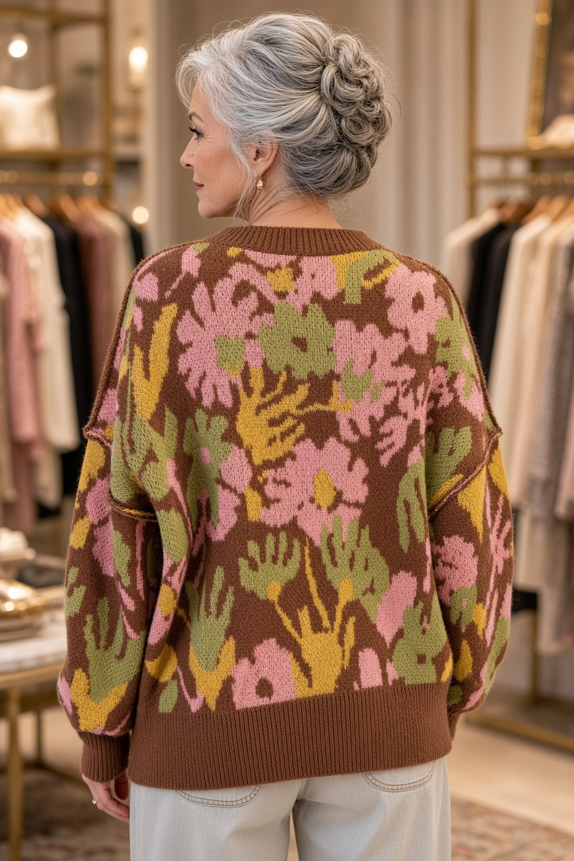 Easel Floral Oversized Sweater – Mocha
