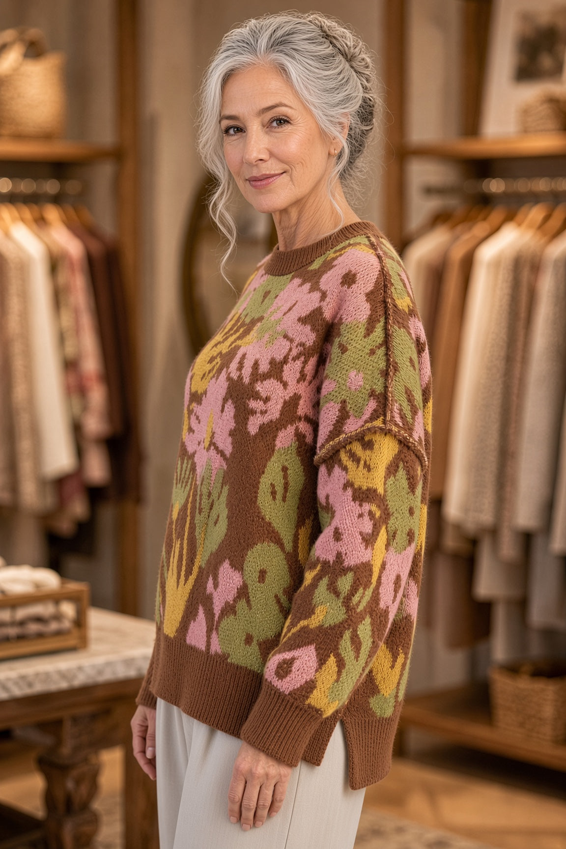 Easel Floral Oversized Sweater – Mocha