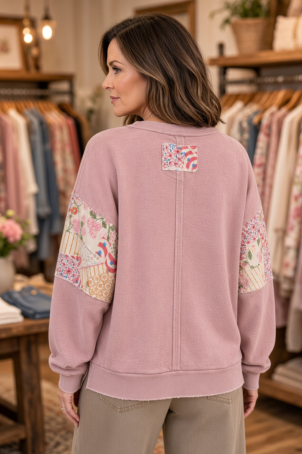 Easel Mineral-Washed Patchwork Knit Pullover – Dusty Pink