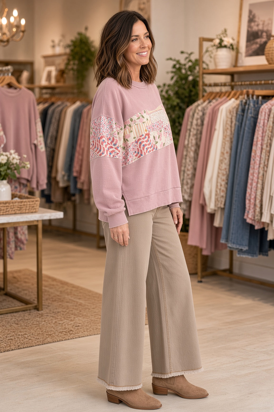 Easel Mineral-Washed Patchwork Knit Pullover – Dusty Pink