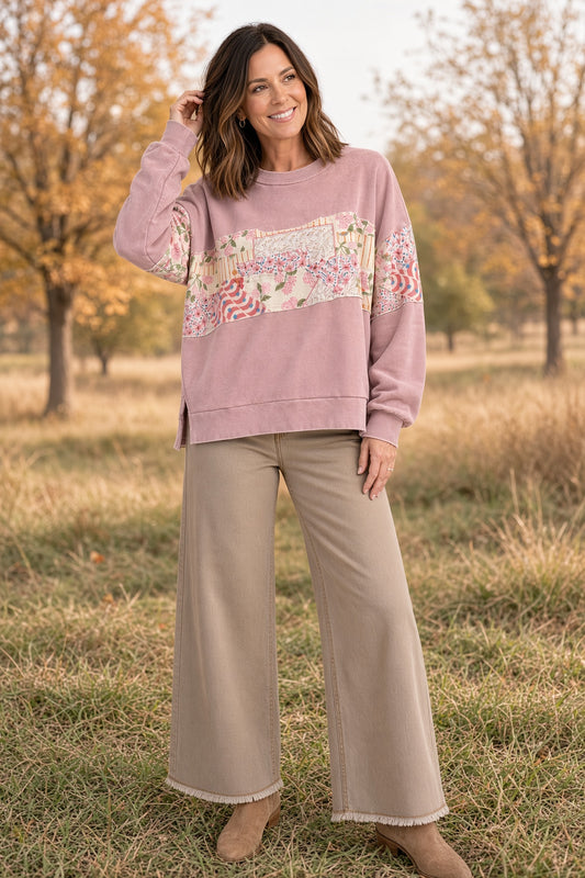 Easel Mineral-Washed Patchwork Knit Pullover – Dusty Pink
