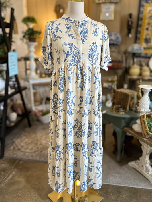 Umgee Tiered Midi Dress in Blue Floral