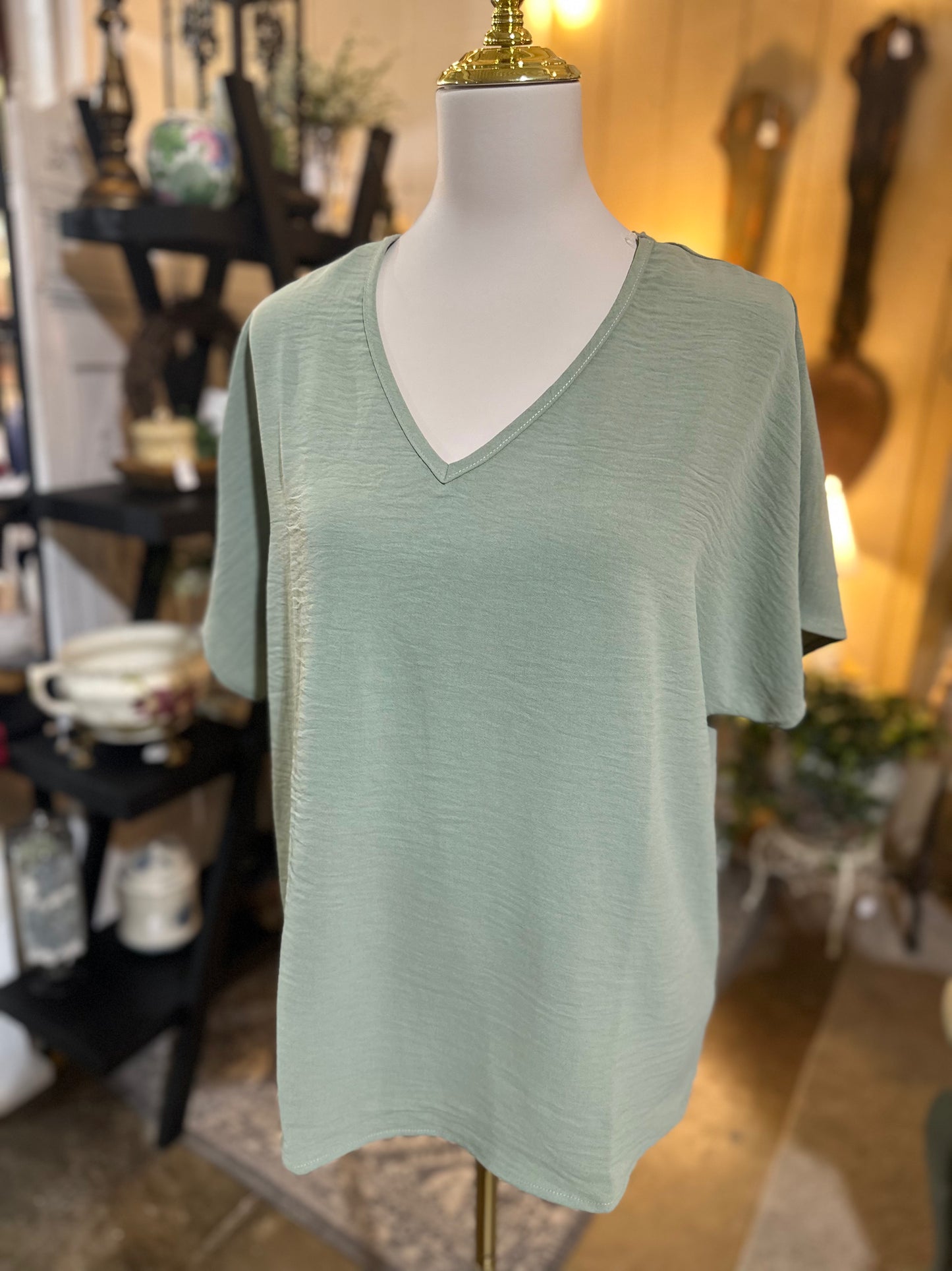 Entro Basic V-Neck Top in Sage