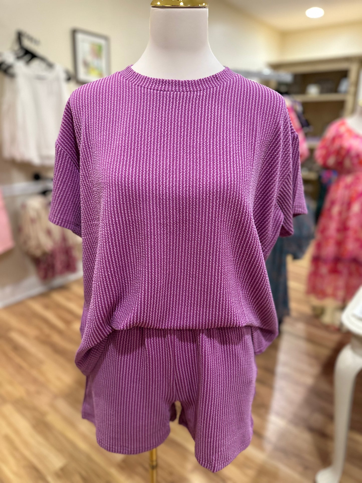 Zenana Ribbed Short Set in Lt Plum