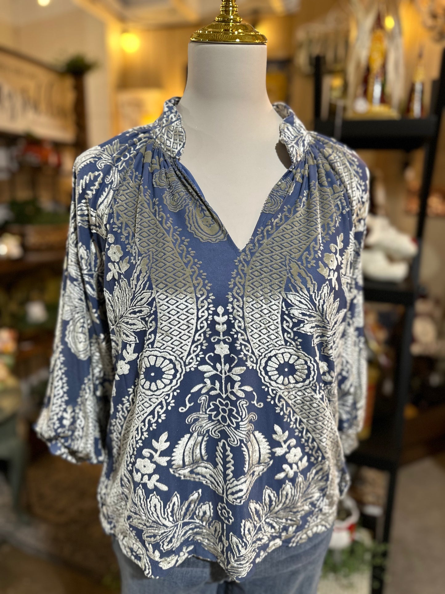 Umgee Damask Steel Blue Velvet Top