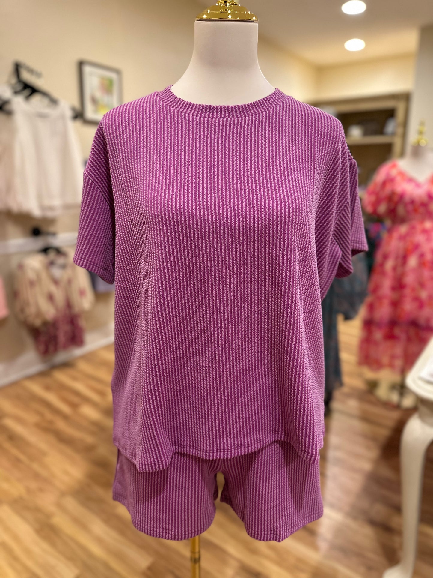 Zenana Ribbed Short Set in Lt Plum