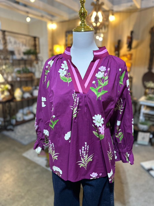 Umgee Floral Contrast Top in Plum