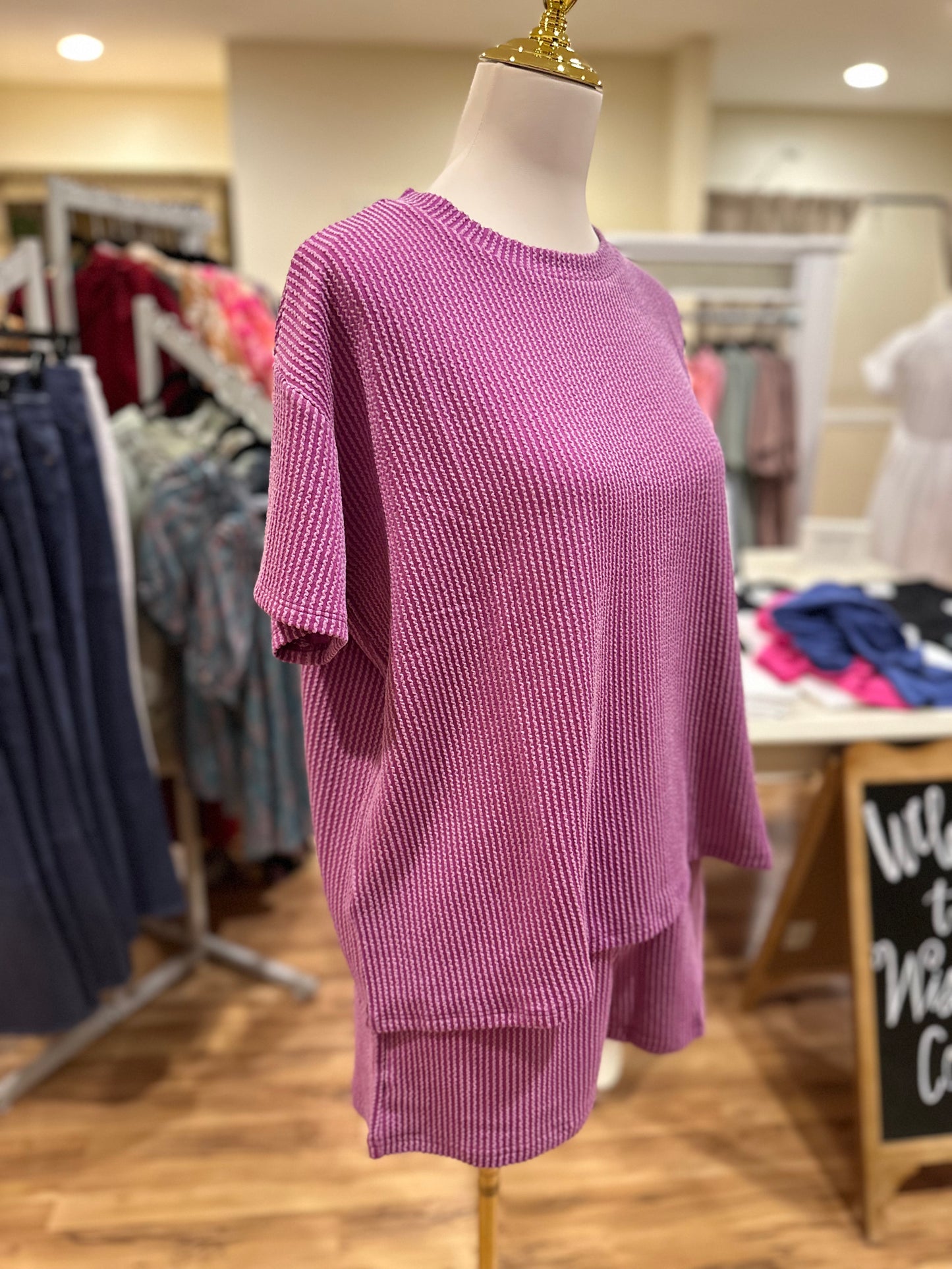 Zenana Ribbed Short Set in Lt Plum