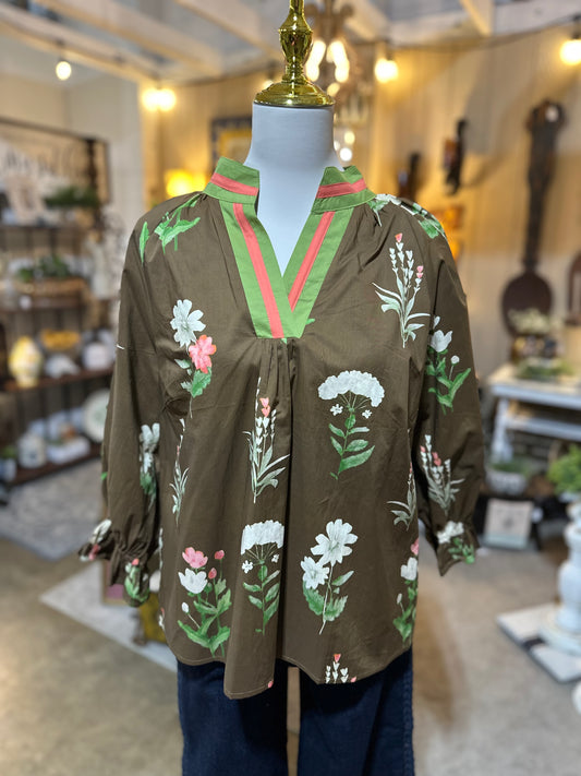 Umgee Floral Contrast Top in Brown Mix