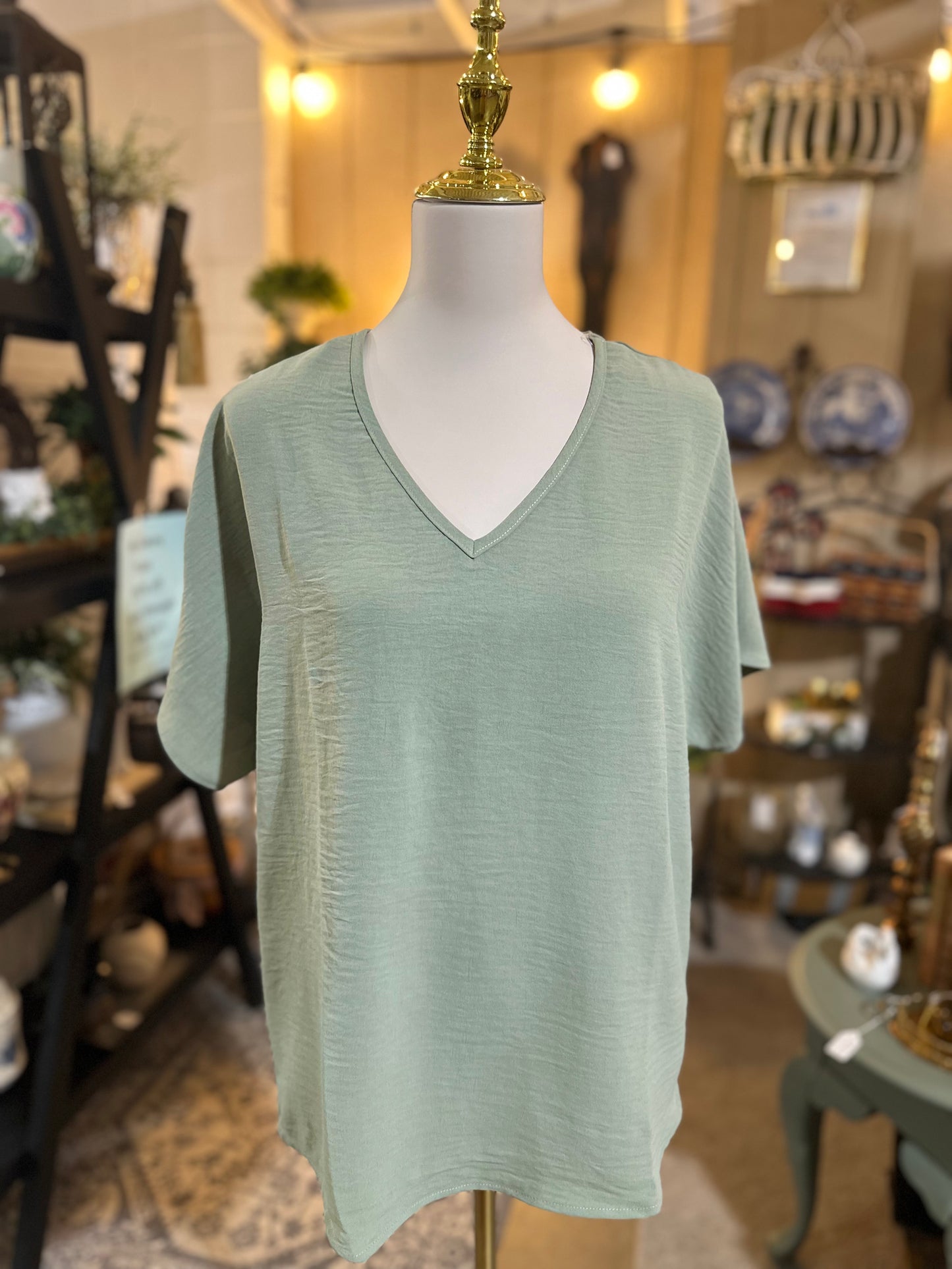 Entro Basic V-Neck Top in Sage