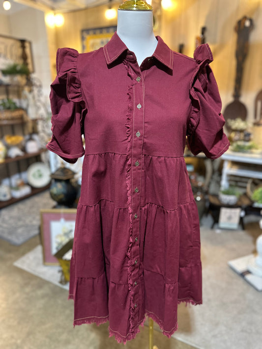 GiGiO Gathered Sleeve Dress in Burgundy