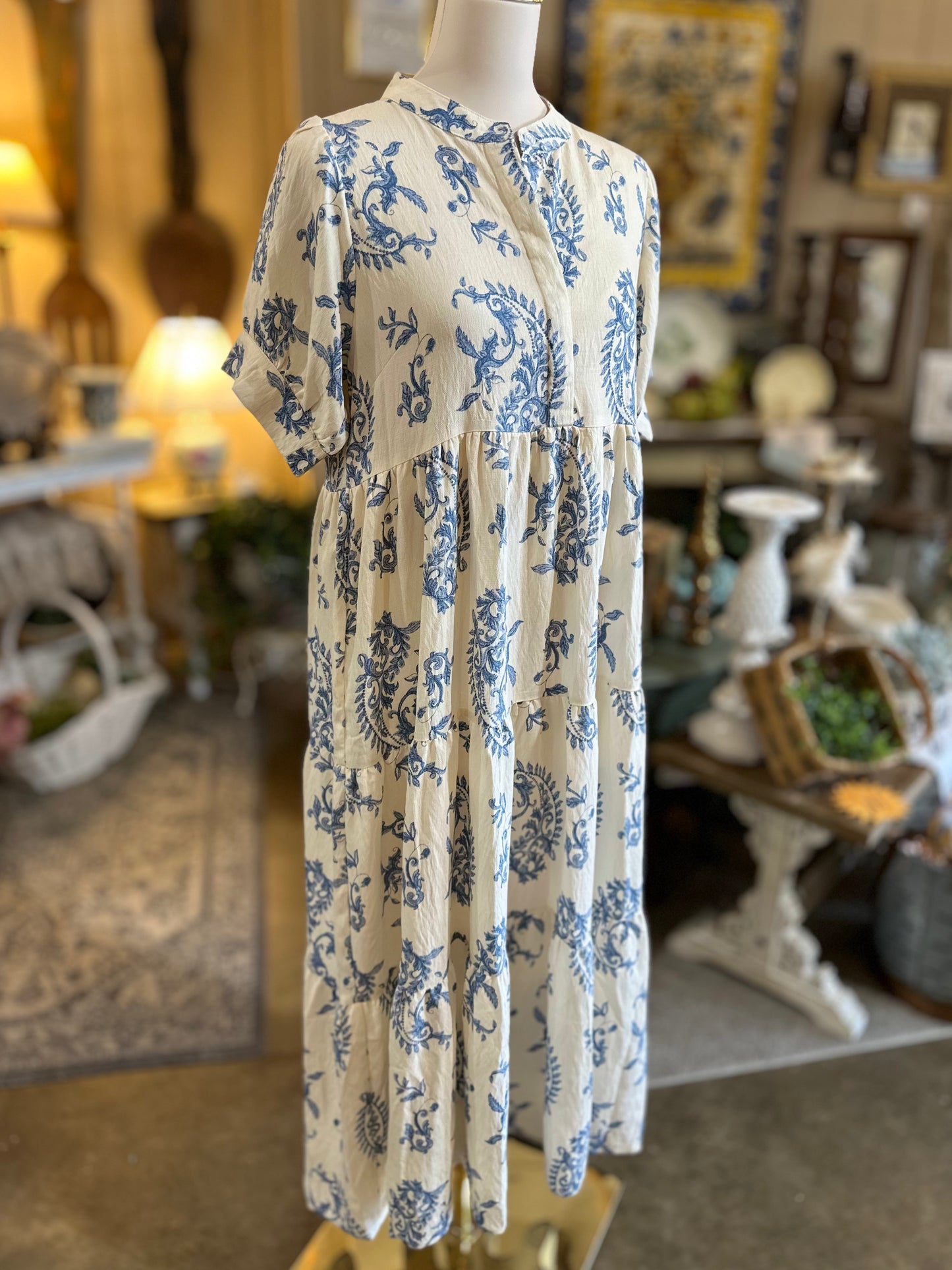 Umgee Tiered Midi Dress in Blue Floral