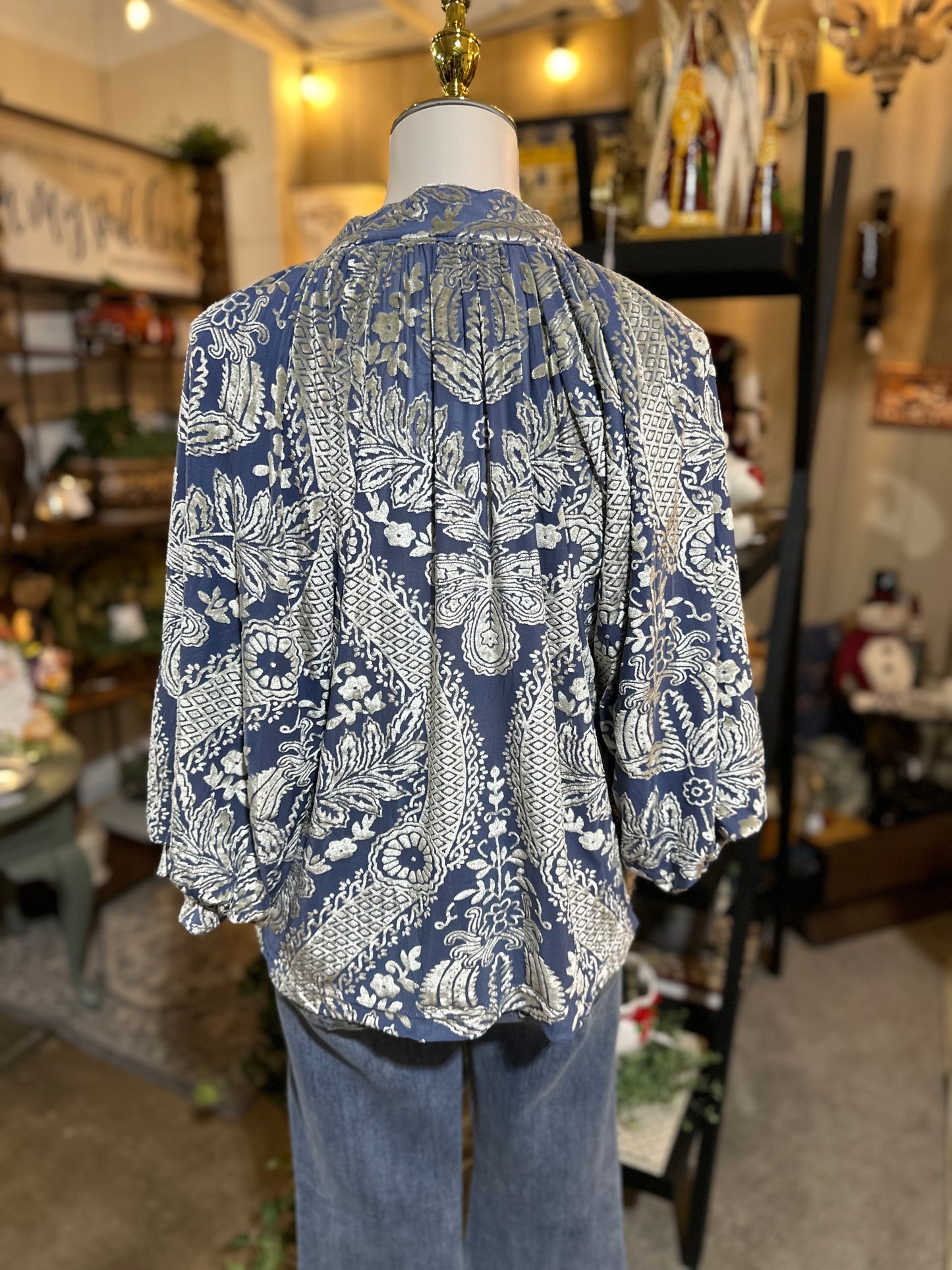 Umgee Damask Steel Blue Velvet Top