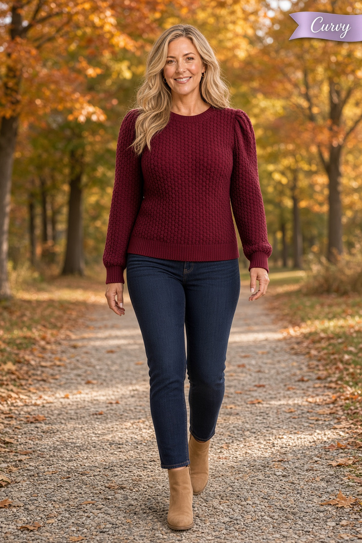 Jodifl Plus Checkered-Texture U-Neck Long-Sleeve Top – Burgundy