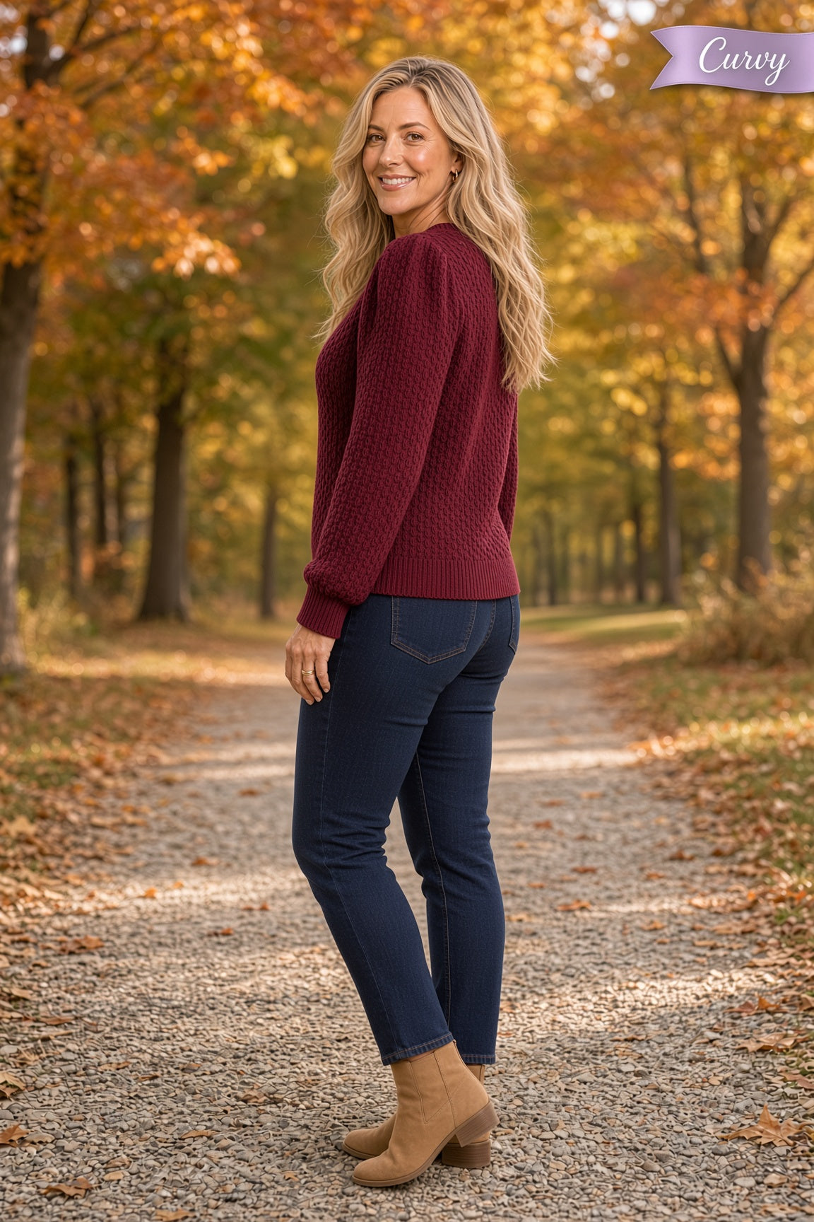 Jodifl Plus Checkered-Texture U-Neck Long-Sleeve Top – Burgundy