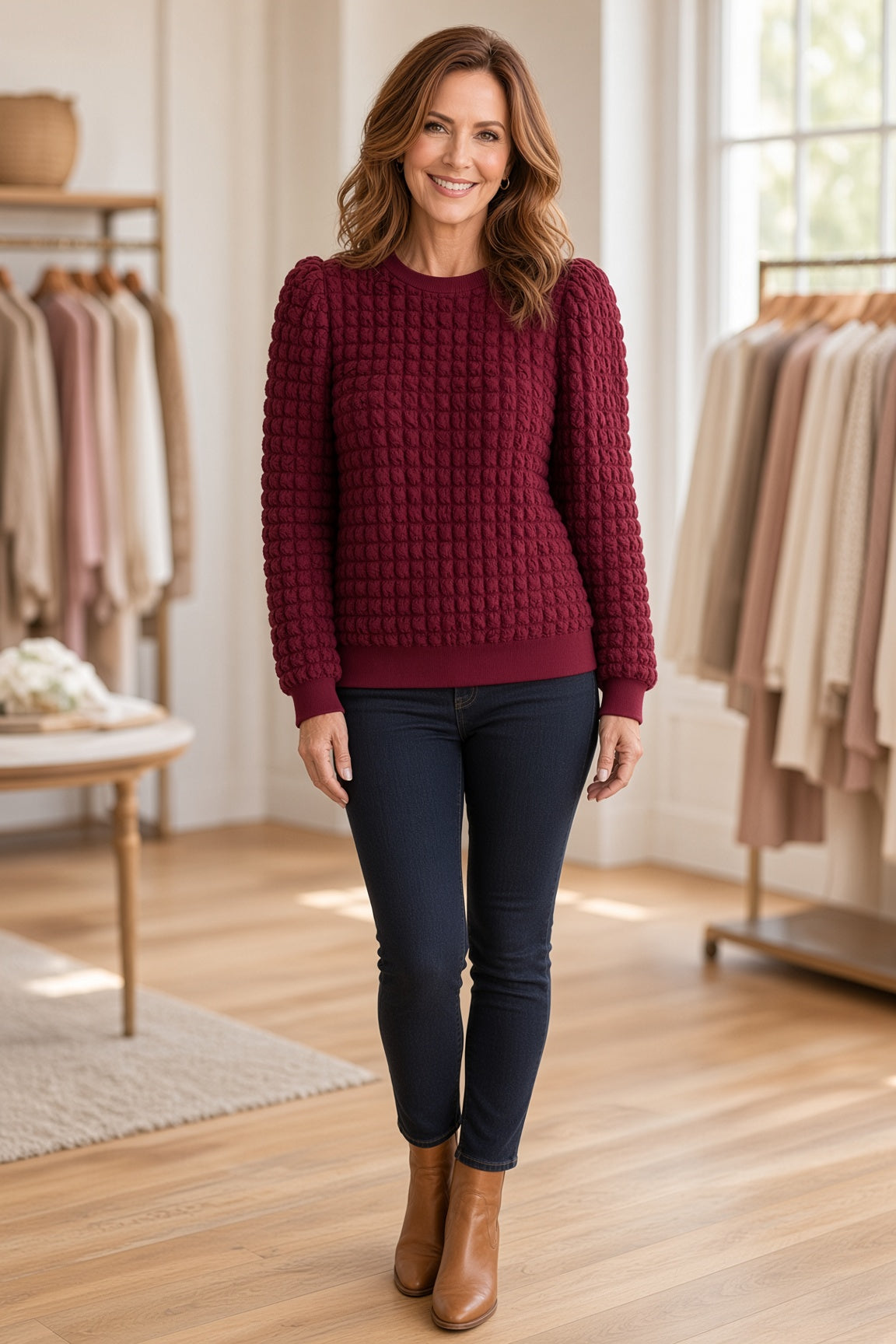 Jodifl Checkered-Texture U-Neck Long-Sleeve Top – Burgundy