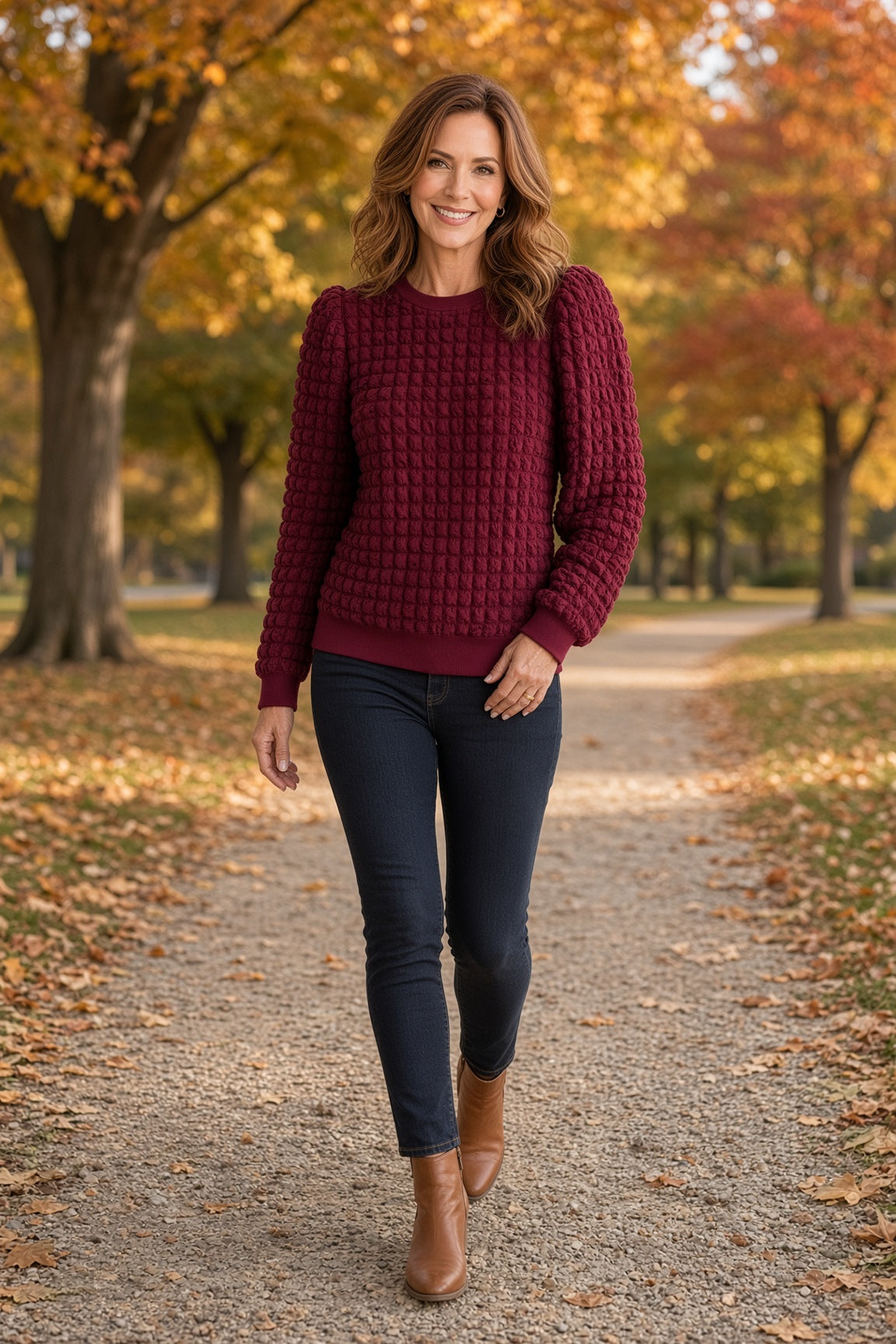 Jodifl Checkered-Texture U-Neck Long-Sleeve Top – Burgundy