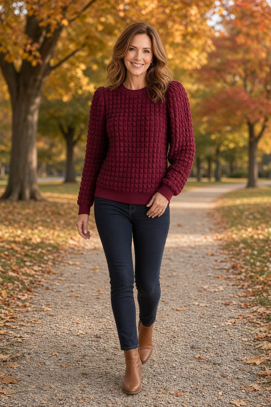 Jodifl Checkered-Texture U-Neck Long-Sleeve Top – Burgundy