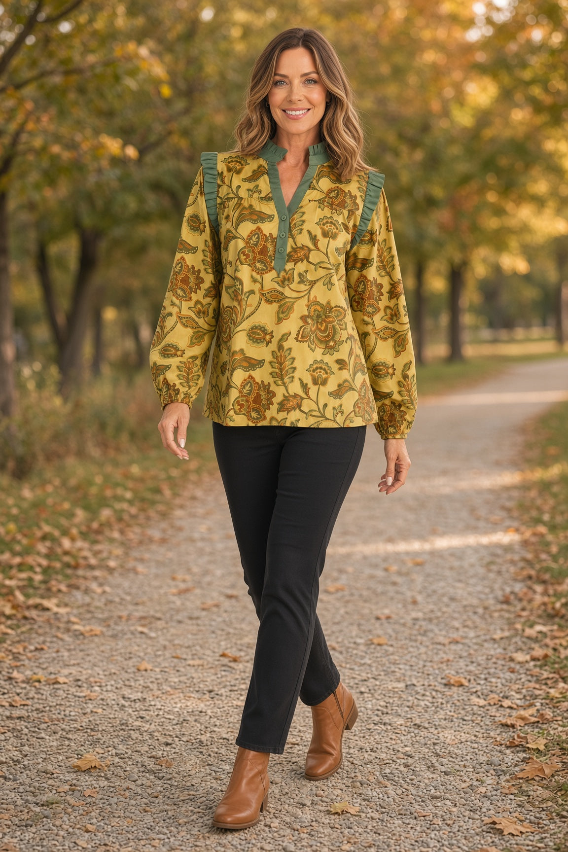 Jodifl Boho Floral Puff-Sleeve Button-Front Top – Honey Mustard