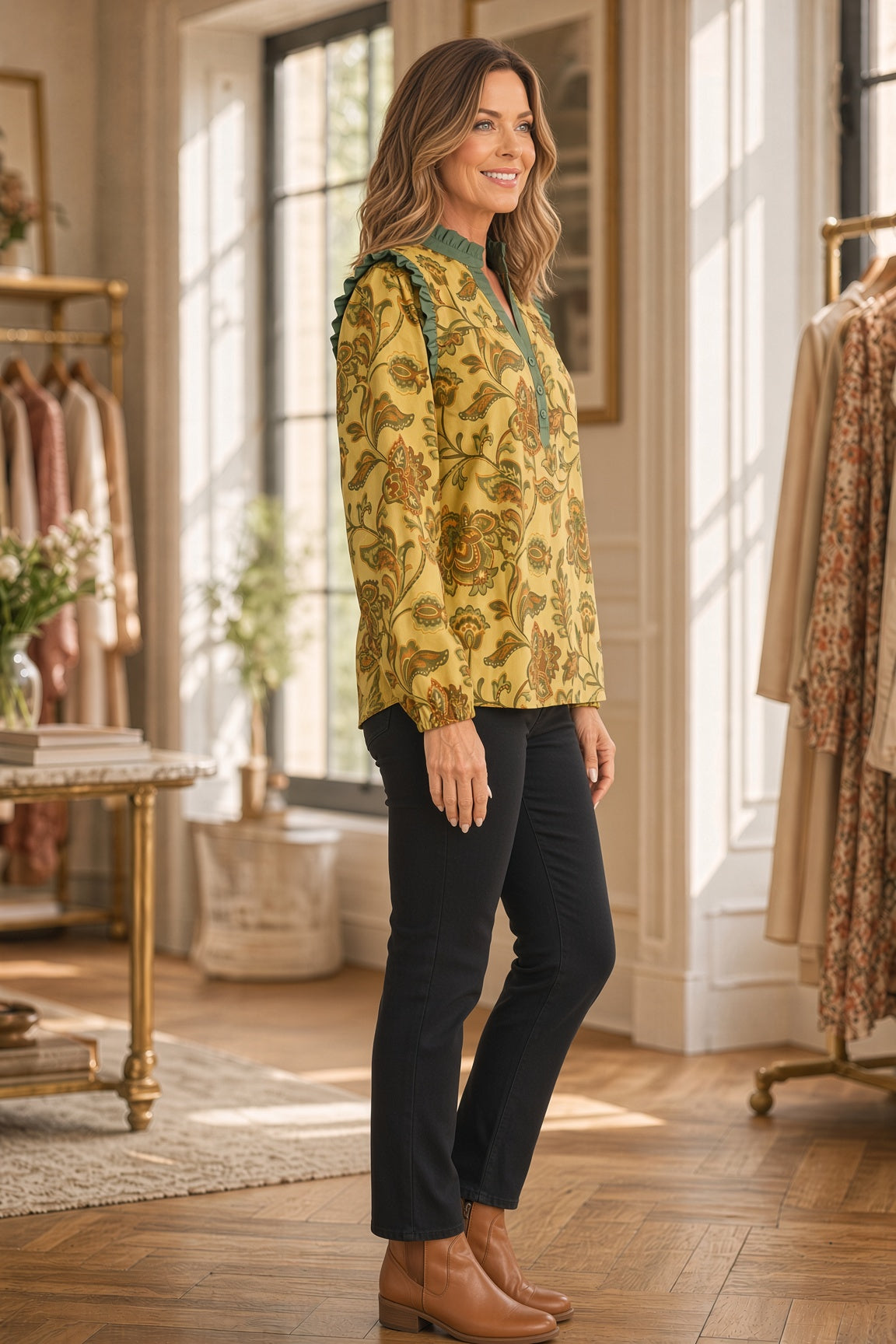 Jodifl Boho Floral Puff-Sleeve Button-Front Top – Honey Mustard