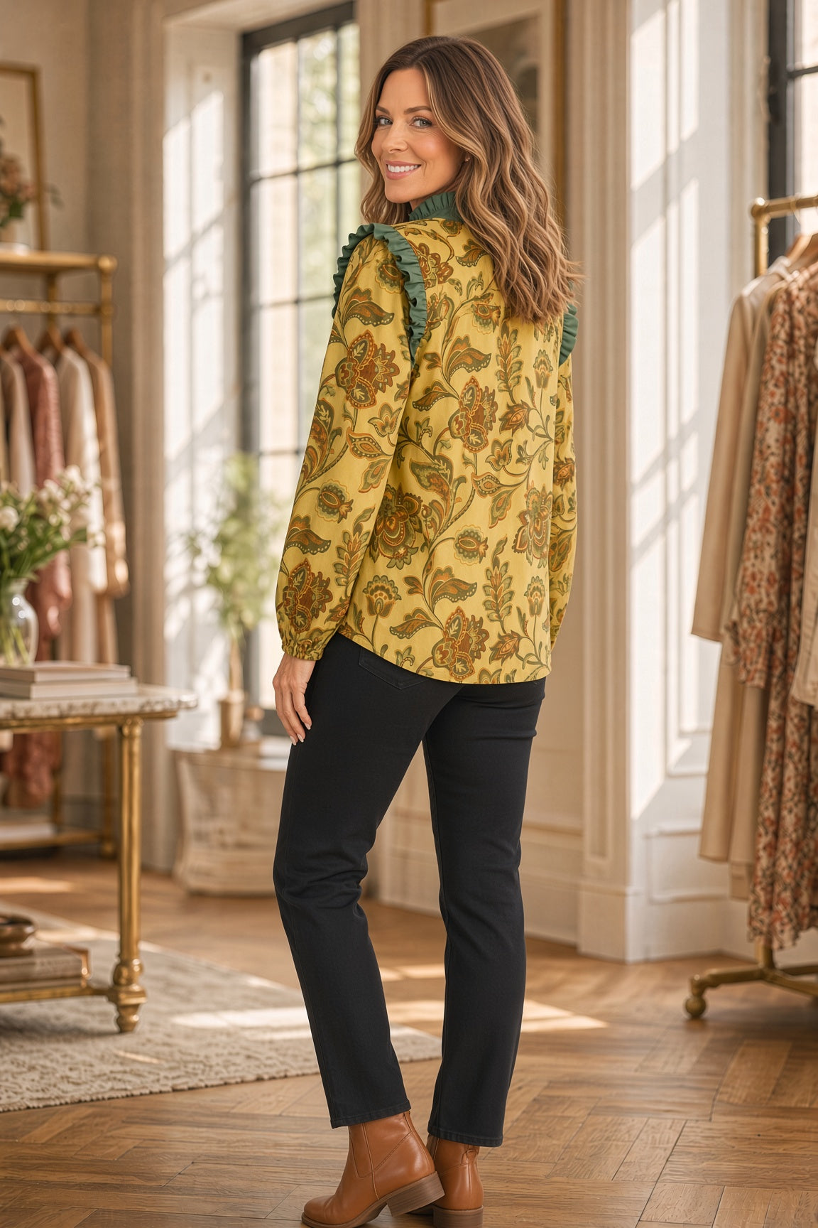 Jodifl Boho Floral Puff-Sleeve Button-Front Top – Honey Mustard