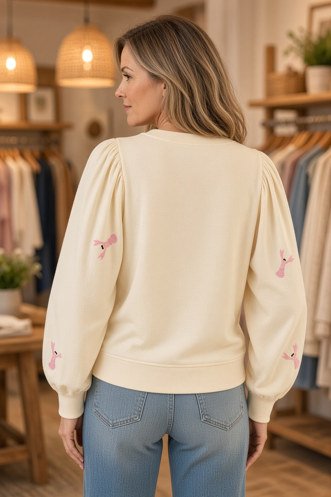 Jodifl Embroidered Lobster Puff-Sleeve Top – Cream