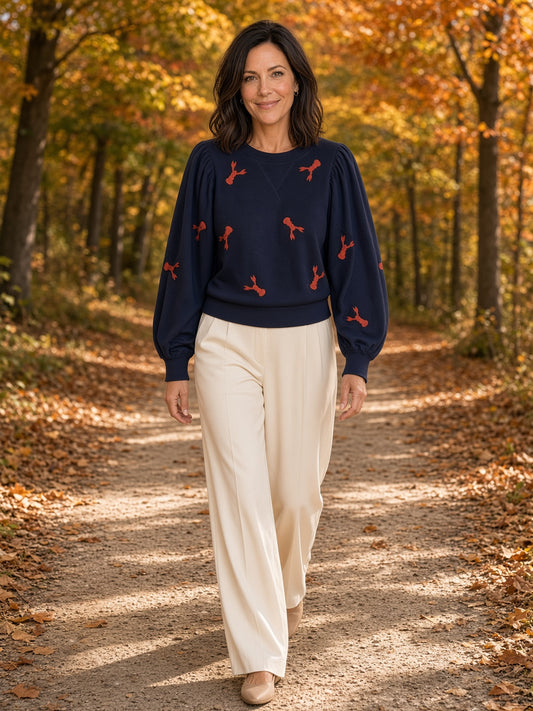 Jodifl Embroidered Lobster Puff-Sleeve Top – Navy