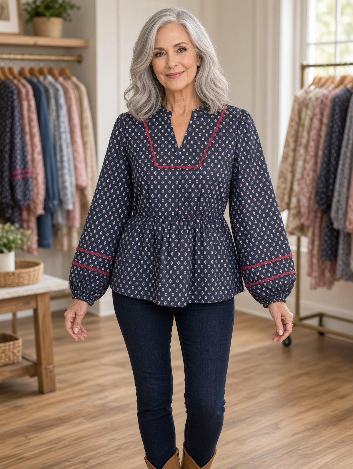 Jodifl Ditsy Diamond-Print Balloon-Sleeve Peplum Top – Navy