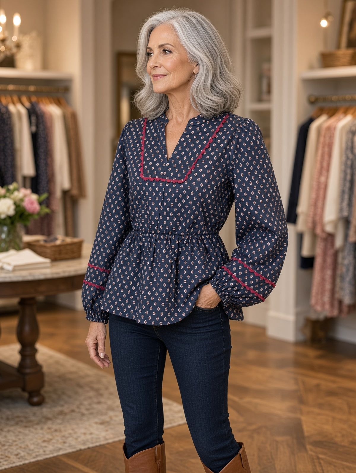 Jodifl Ditsy Diamond-Print Balloon-Sleeve Peplum Top – Navy