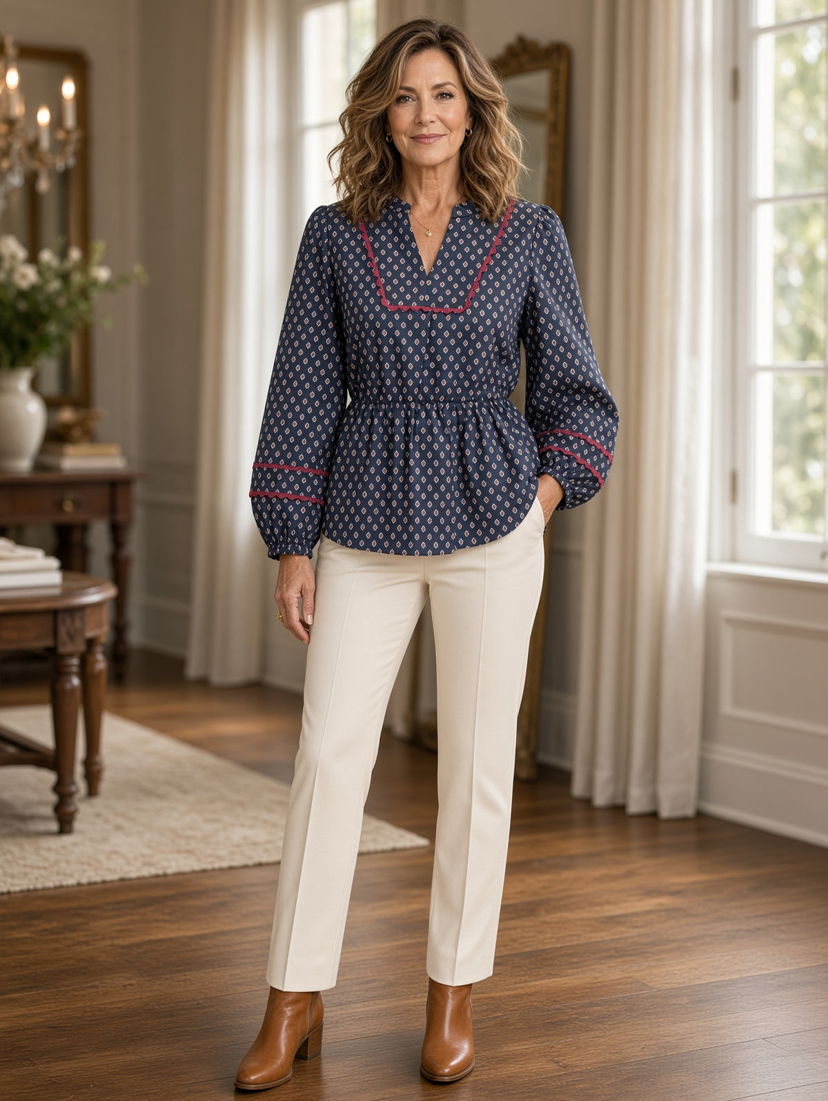 Jodifl Ditsy Diamond-Print Balloon-Sleeve Peplum Top – Navy