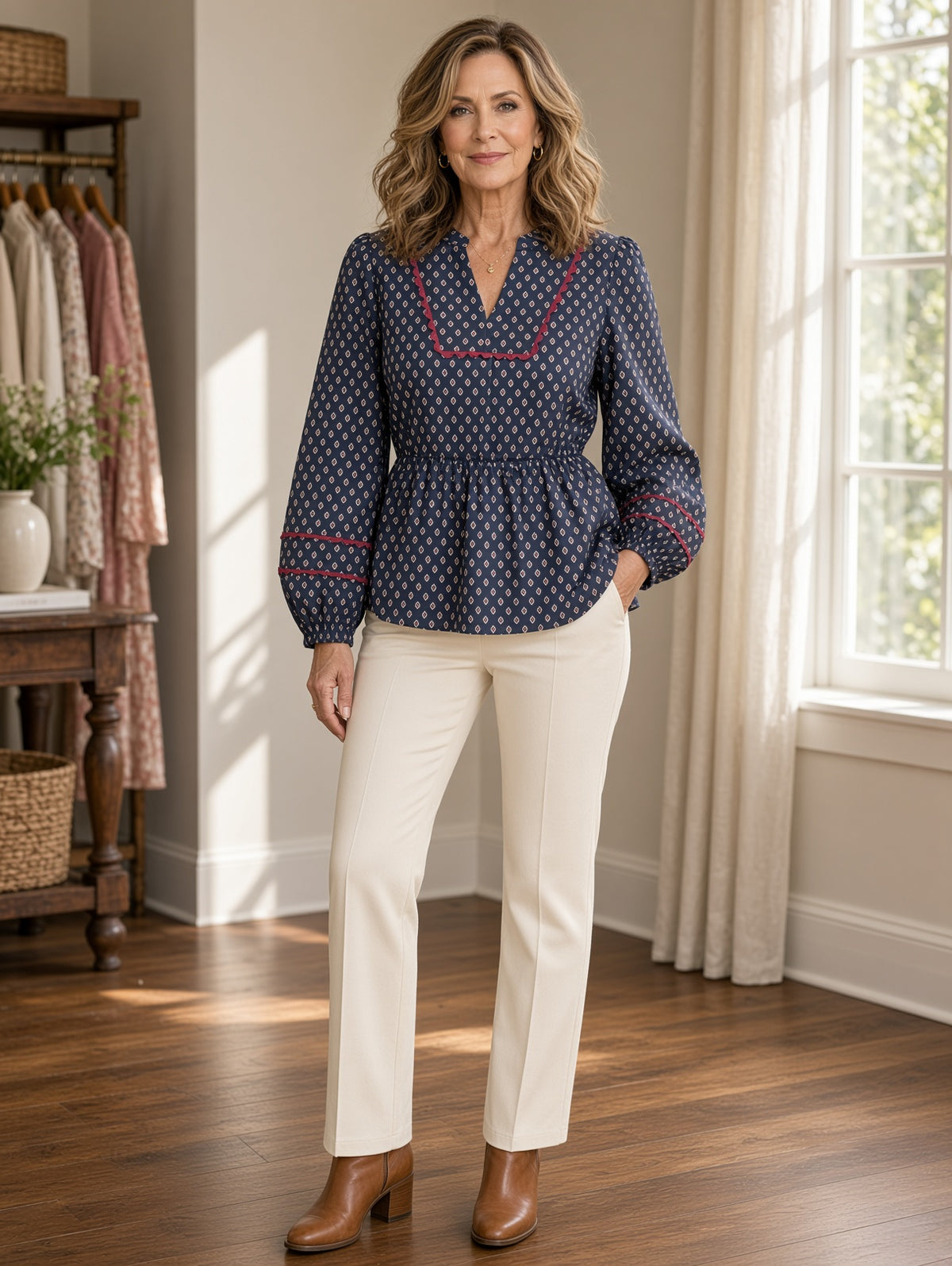 Jodifl Ditsy Diamond-Print Balloon-Sleeve Peplum Top – Navy