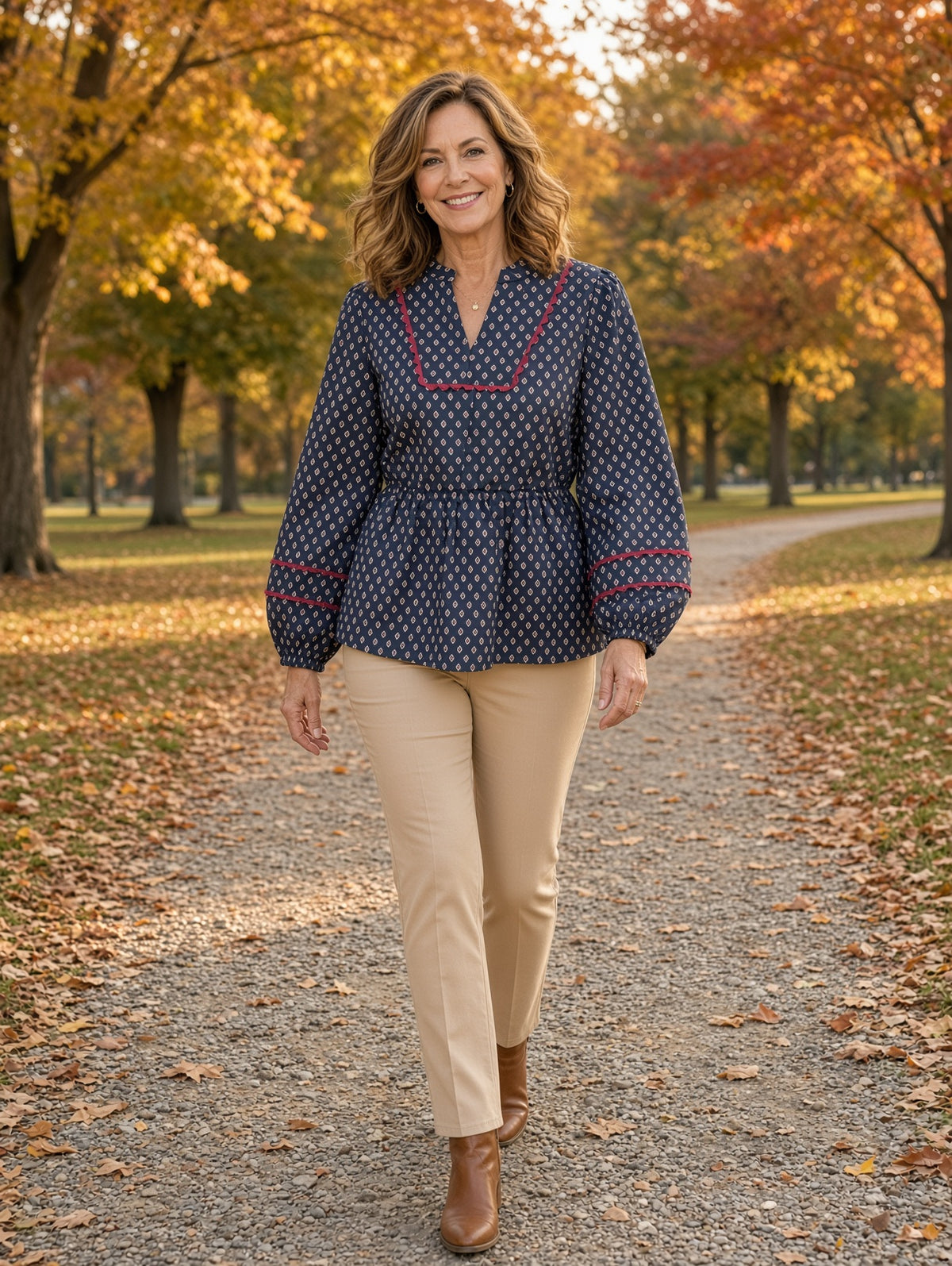 Jodifl Ditsy Diamond-Print Balloon-Sleeve Peplum Top – Navy