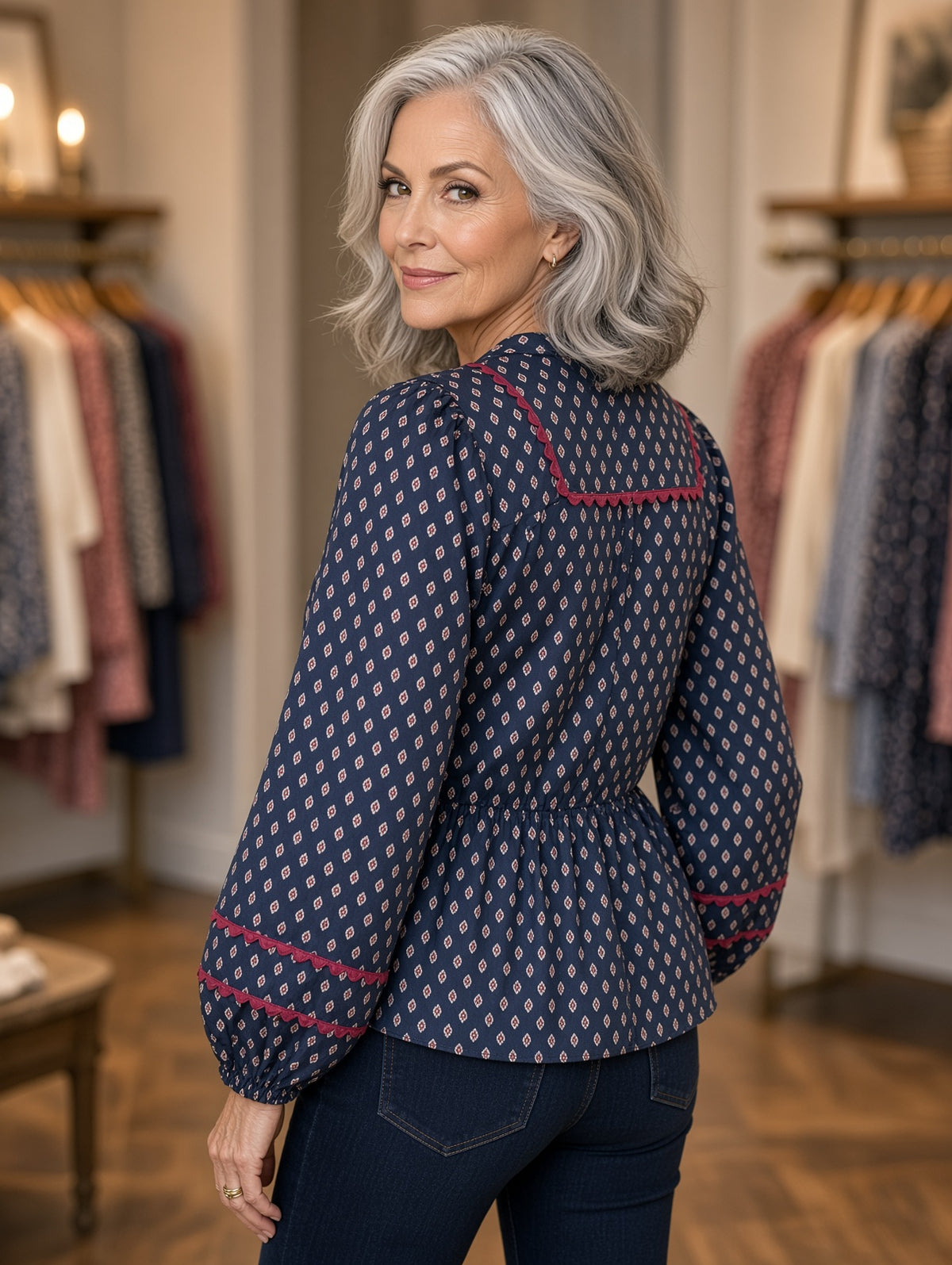 Jodifl Ditsy Diamond-Print Balloon-Sleeve Peplum Top – Navy