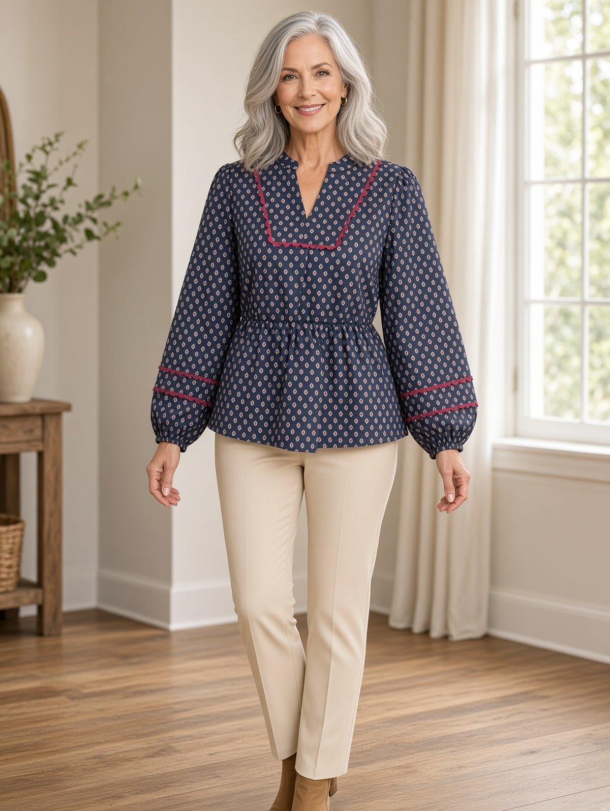 Jodifl Ditsy Diamond-Print Balloon-Sleeve Peplum Top – Navy