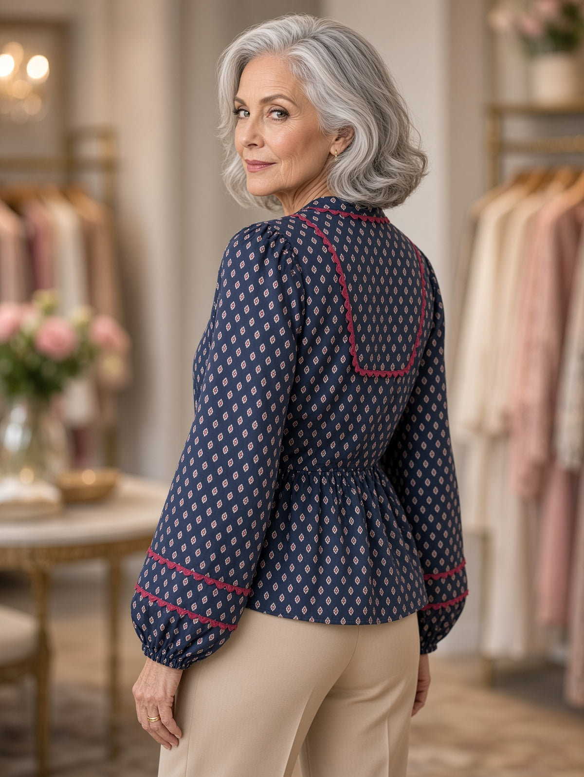 Jodifl Ditsy Diamond-Print Balloon-Sleeve Peplum Top – Navy
