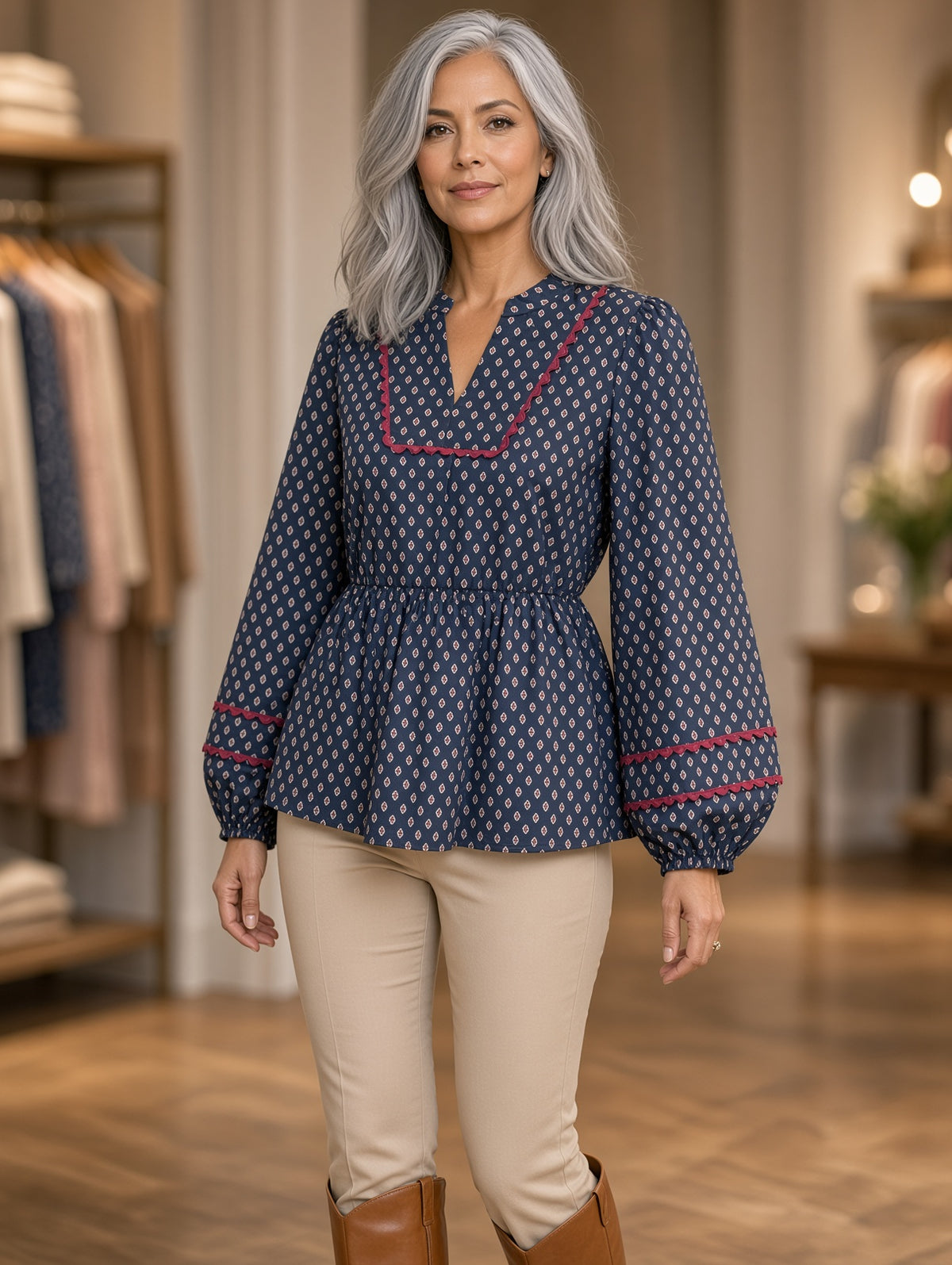 Jodifl Ditsy Diamond-Print Balloon-Sleeve Peplum Top – Navy