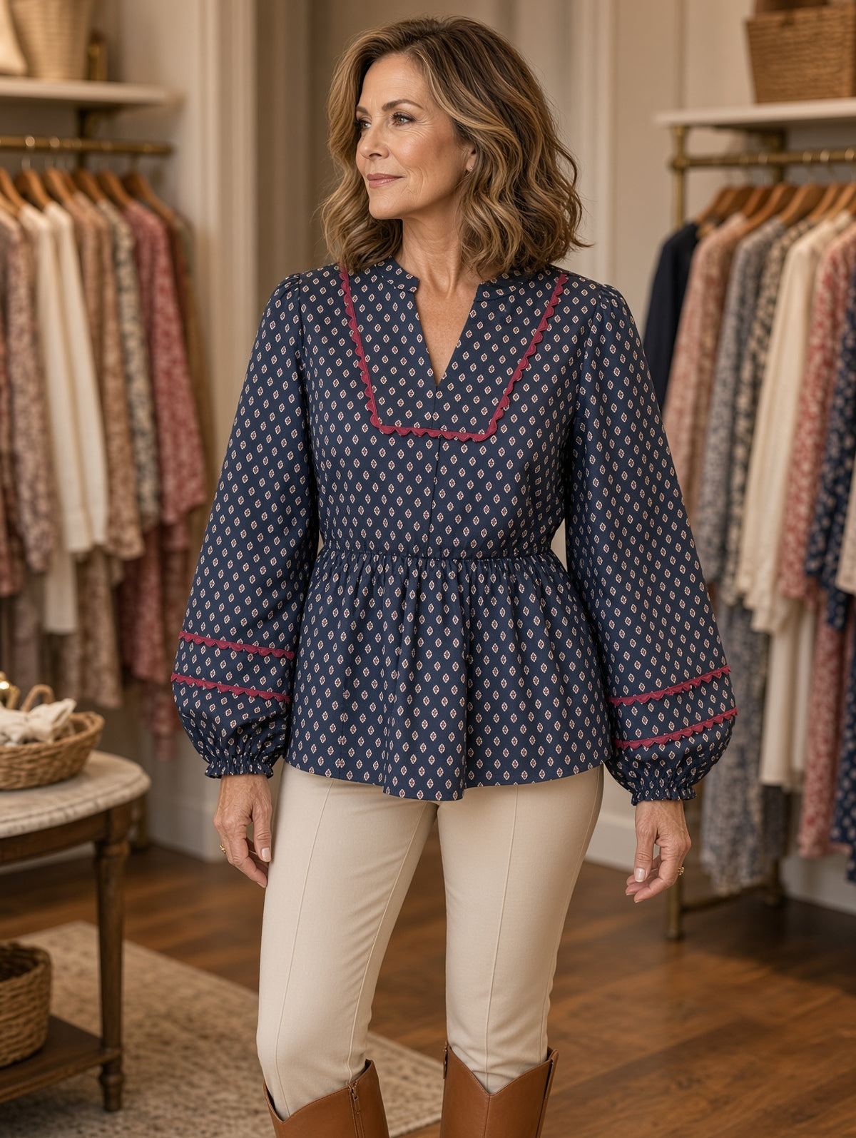 Jodifl Ditsy Diamond-Print Balloon-Sleeve Peplum Top – Navy