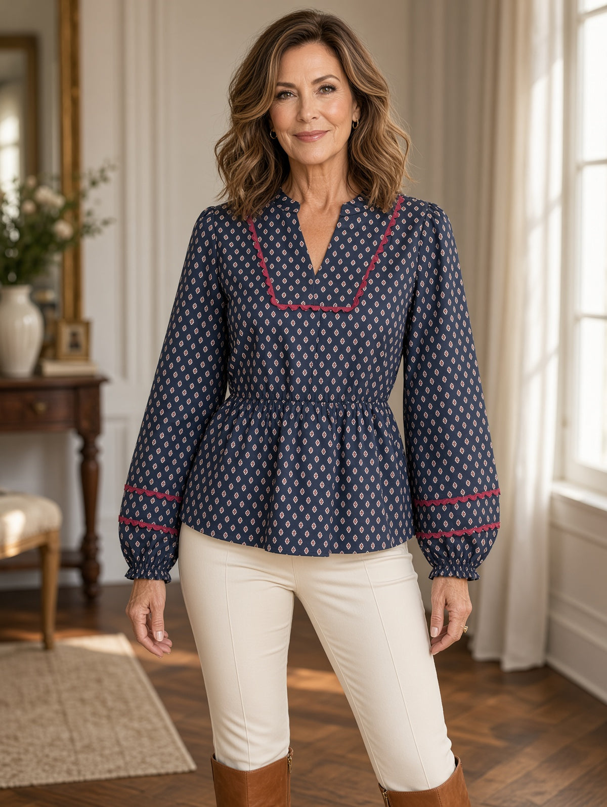 Jodifl Ditsy Diamond-Print Balloon-Sleeve Peplum Top – Navy