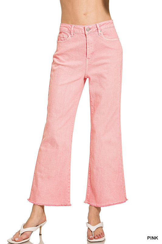 Zenana Frayed Denim Pants in Pink