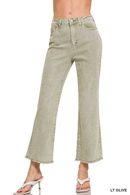 Zenana Frayed Denim Pants in Light Olive