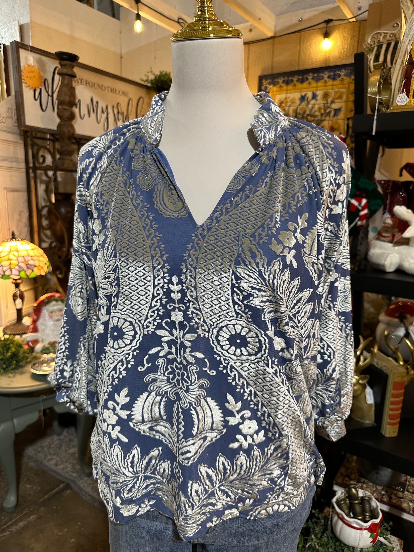 Umgee Damask Steel Blue Velvet Top