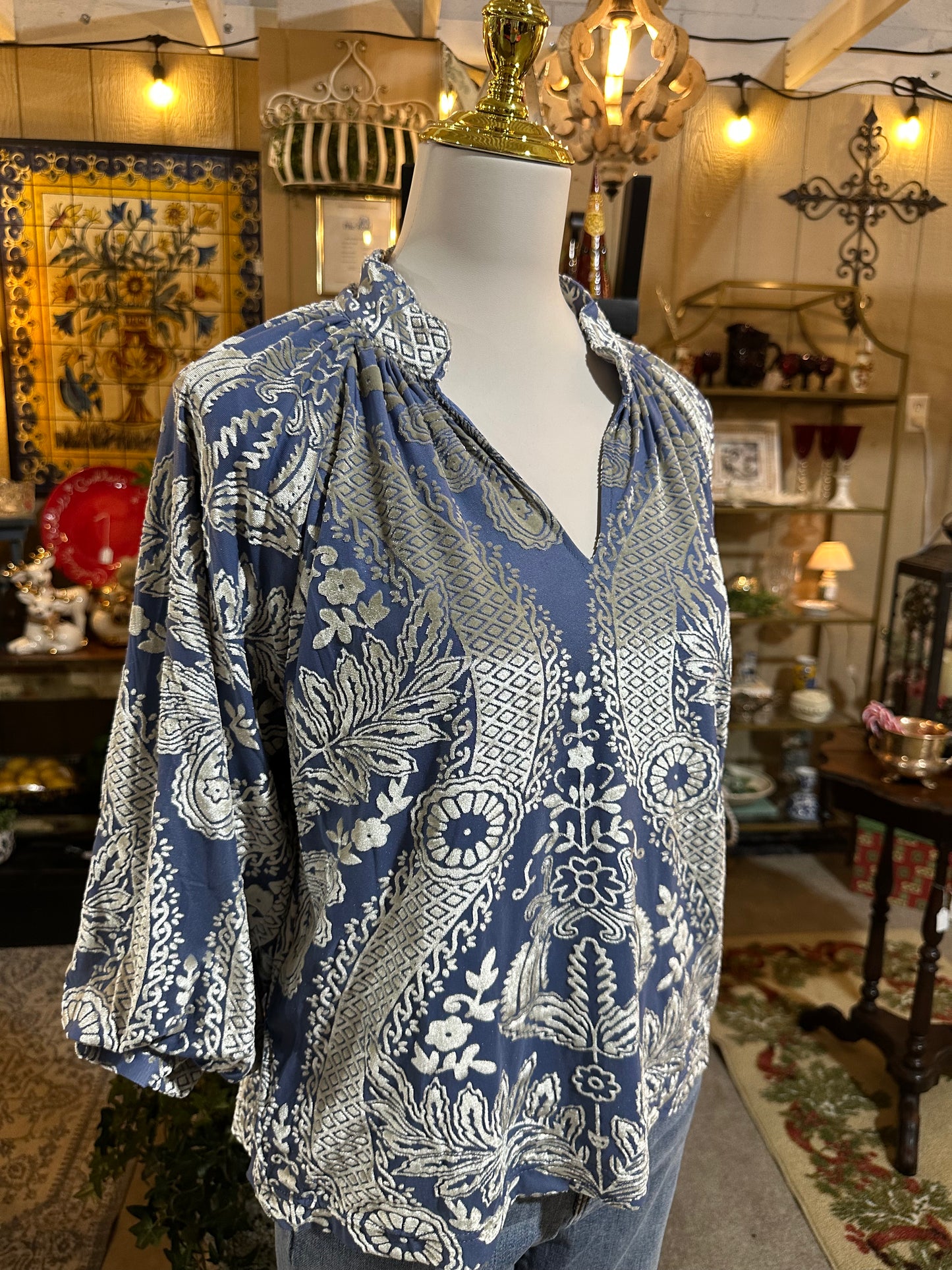 Umgee Damask Steel Blue Velvet Top