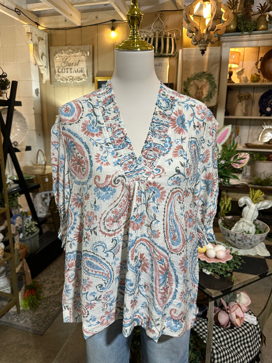 Umgee Smocked Paisley Top in Blue/Pink