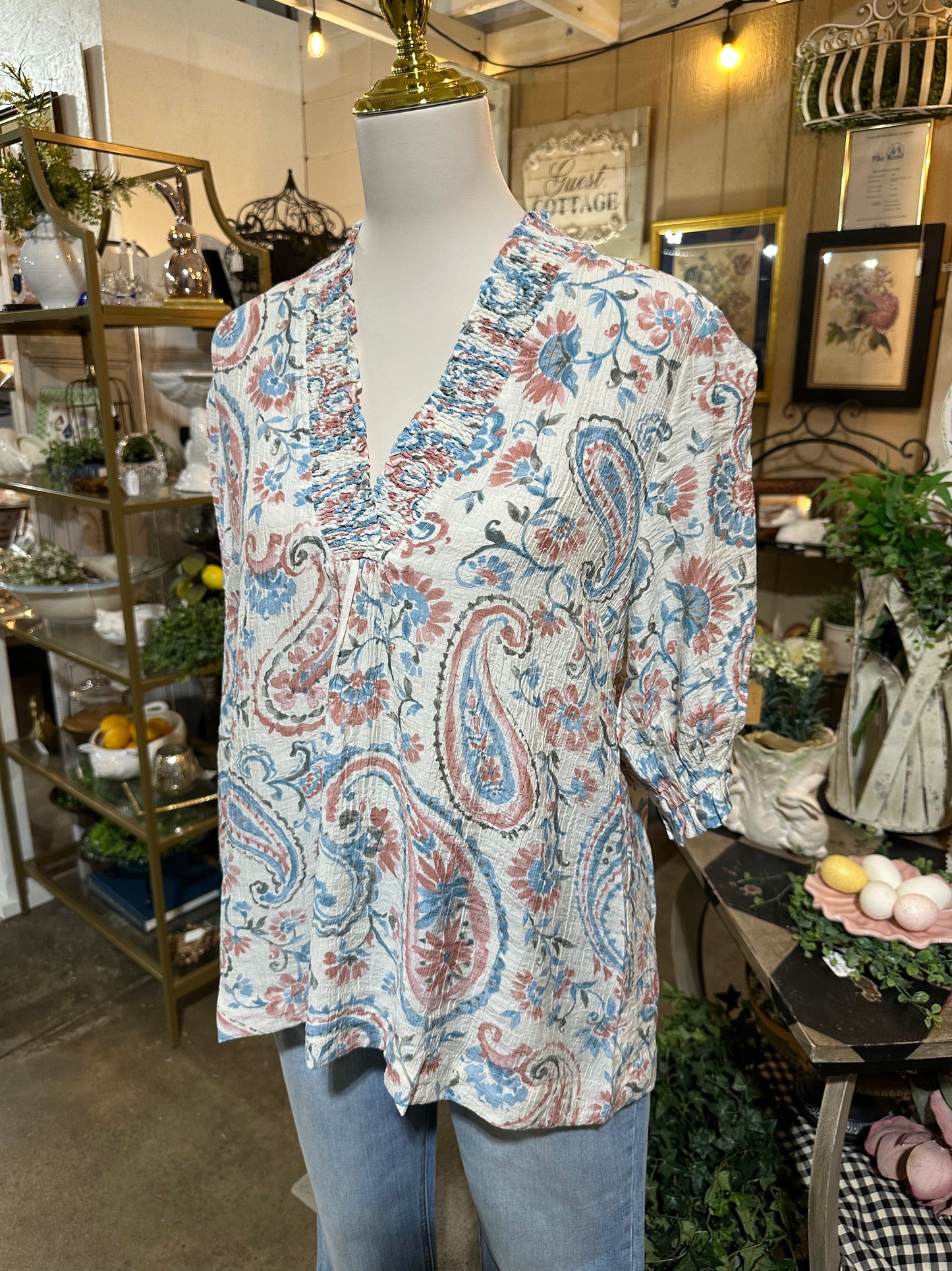 Umgee Smocked Paisley Top in Blue/Pink
