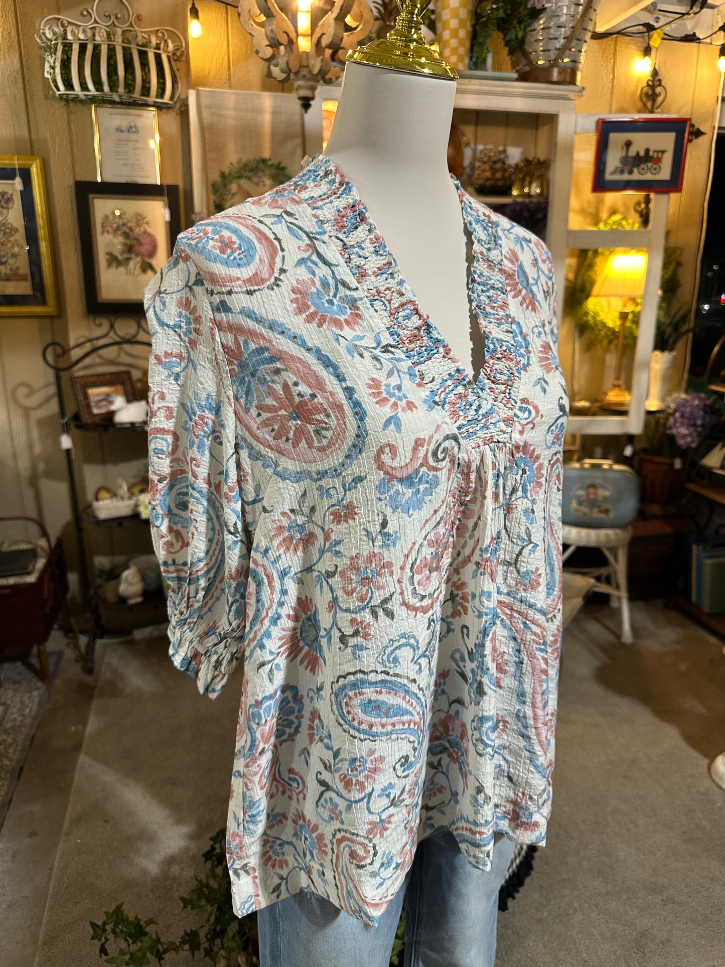 Umgee Smocked Paisley Top in Blue/Pink