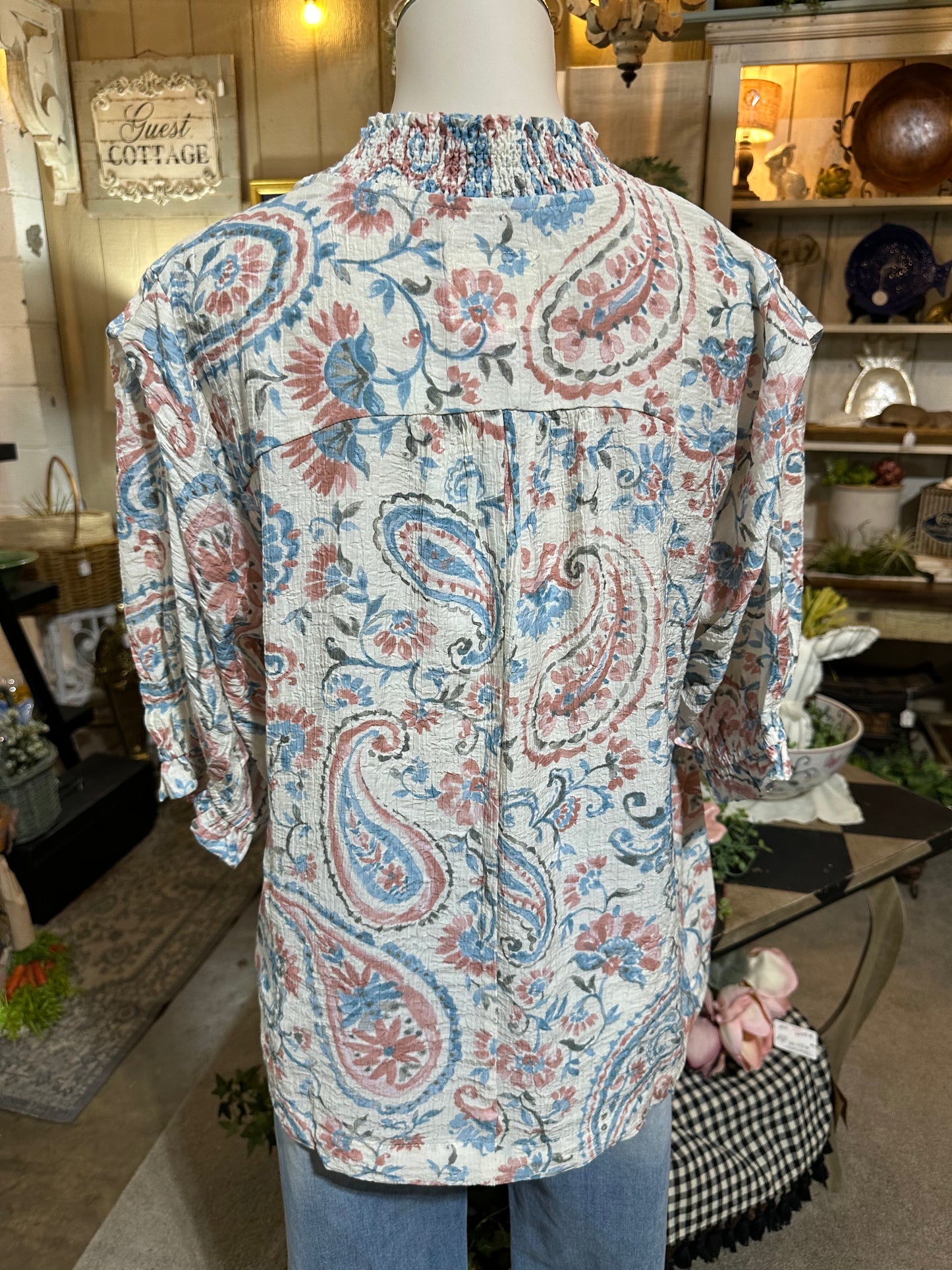 Umgee Smocked Paisley Top in Blue/Pink