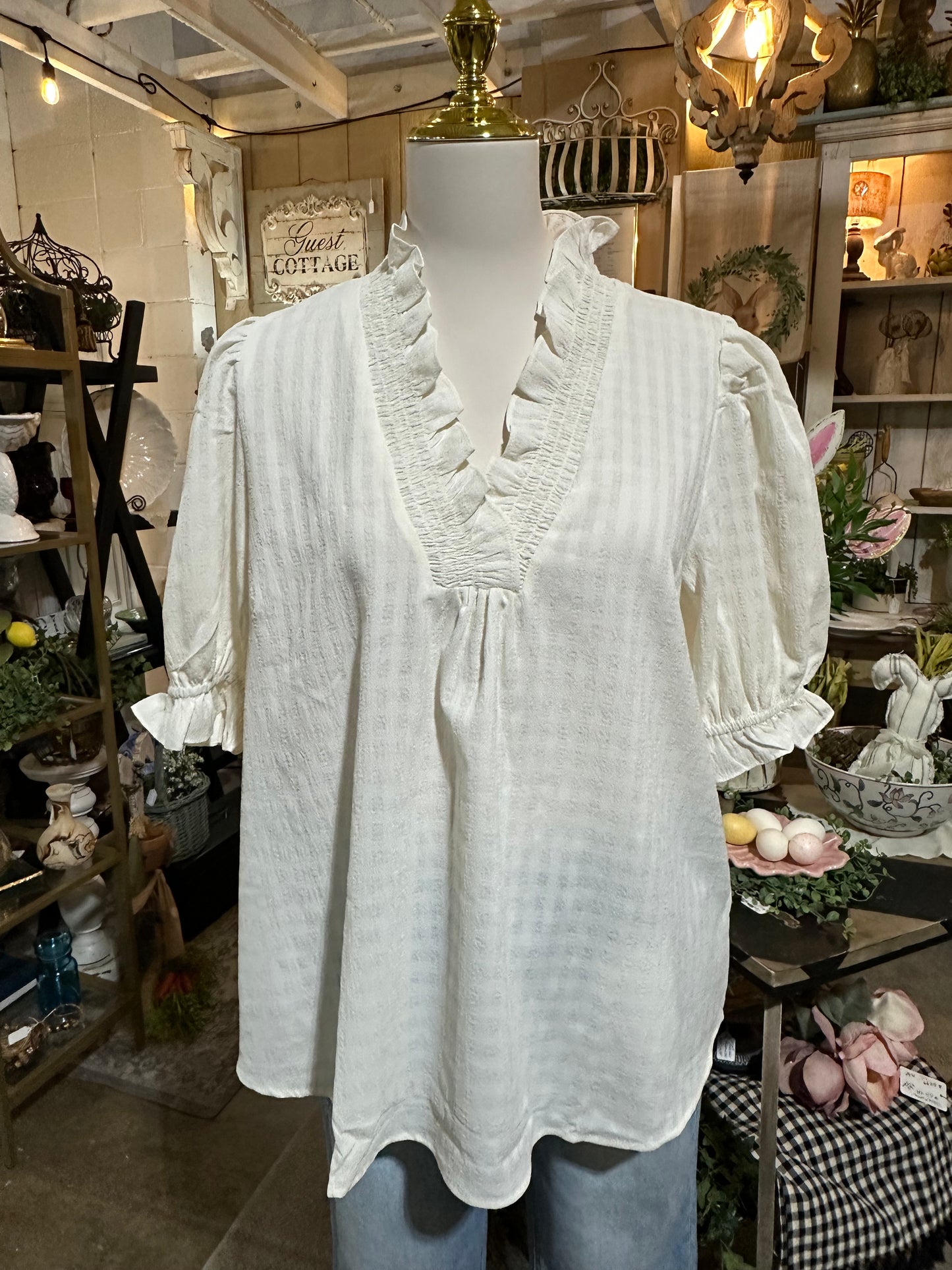 Umgee Textured Check Cream Top