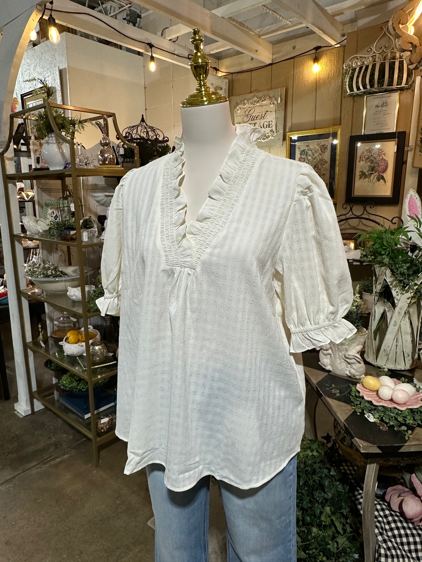 Umgee Textured Check Cream Top
