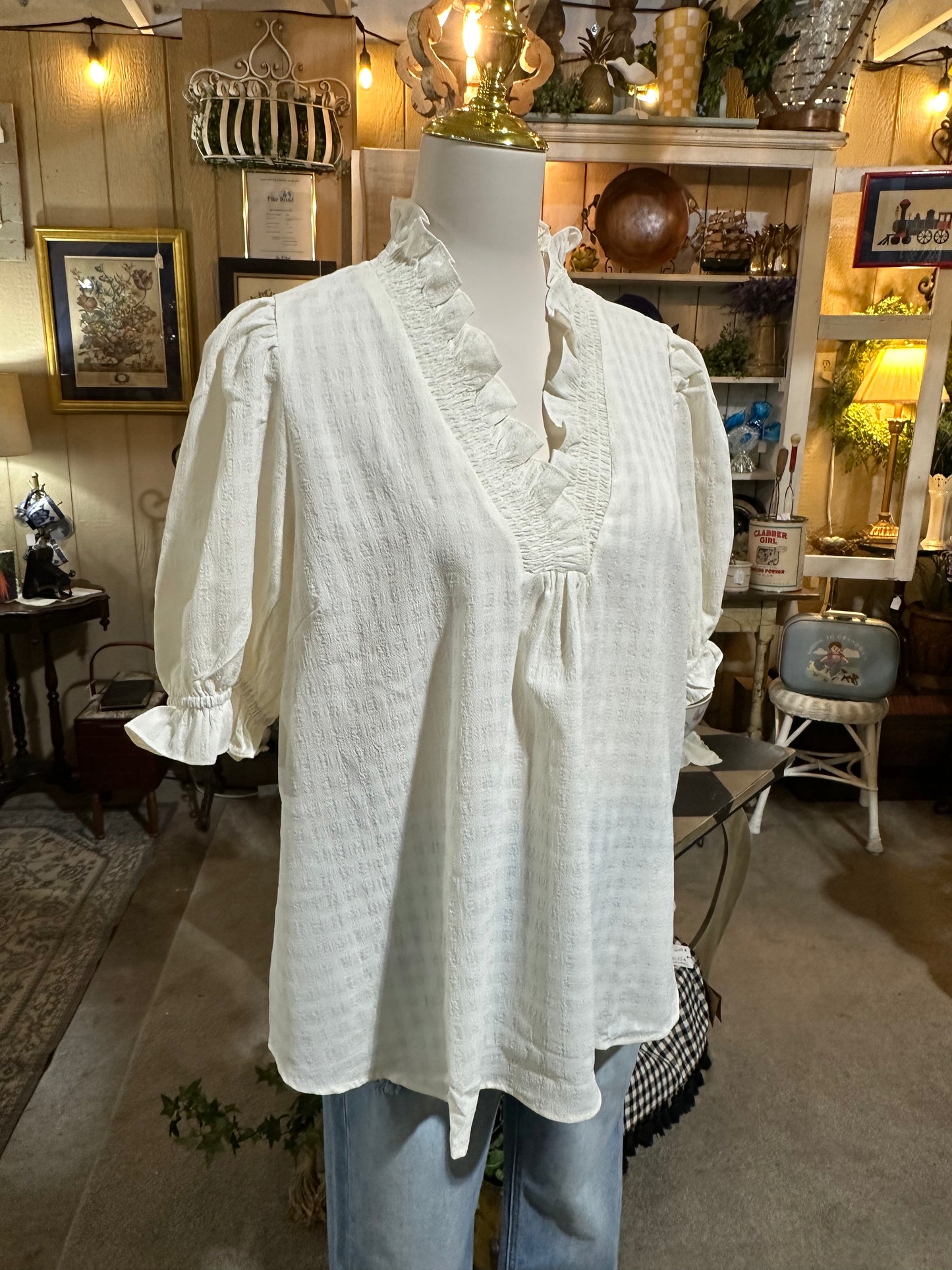 Umgee Textured Check Cream Top