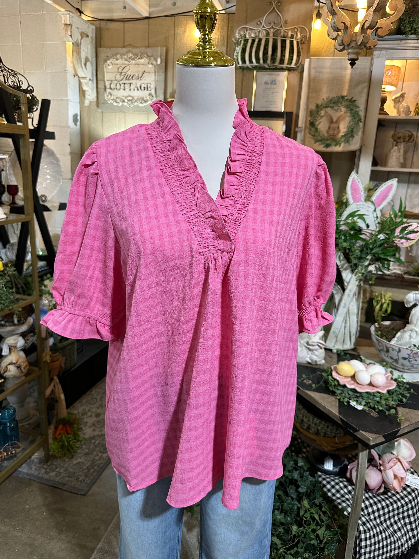 Umgee Textured Check Pink Top